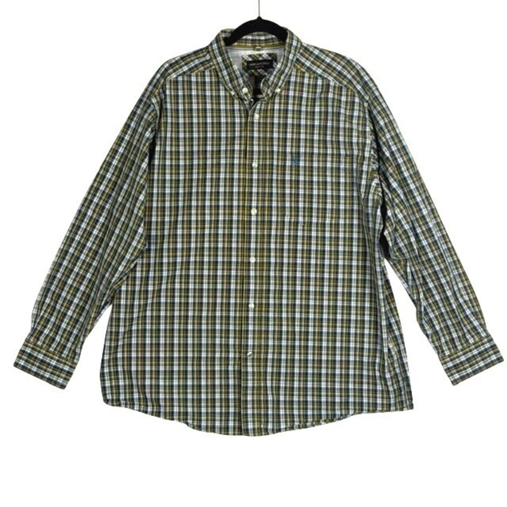 Ariat Pro Series Mens XL Plaid Button Down Shirt Olive Green Blue Long Sleeve